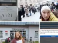 Kolejka do biura paszportowego, numer biletu A121, kobieta przed budynkiem i komunikat o braku terminów.