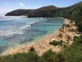 Widok na tropikalną plażę z turkusową wodą, palmami i ludźmi odpoczywającymi na piasku.