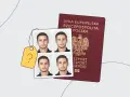 Polski paszport i cztery zdjęcia paszportowe mężczyzny obok żółtej metki z pytajnikiem.