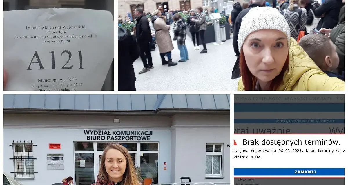 Kolejka do biura paszportowego, numer biletu A121, kobieta przed budynkiem i komunikat o braku terminów.