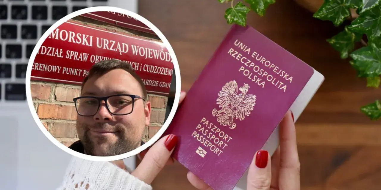 Mężczyzna w okularach obok polskiego paszportu i tablicy urzędu.