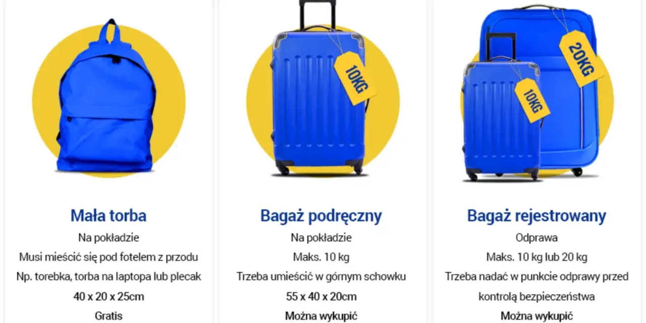 Trzy rodzaje bagażu: mała torba, bagaż podręczny i rejestrowany, w kolorze niebieskim.