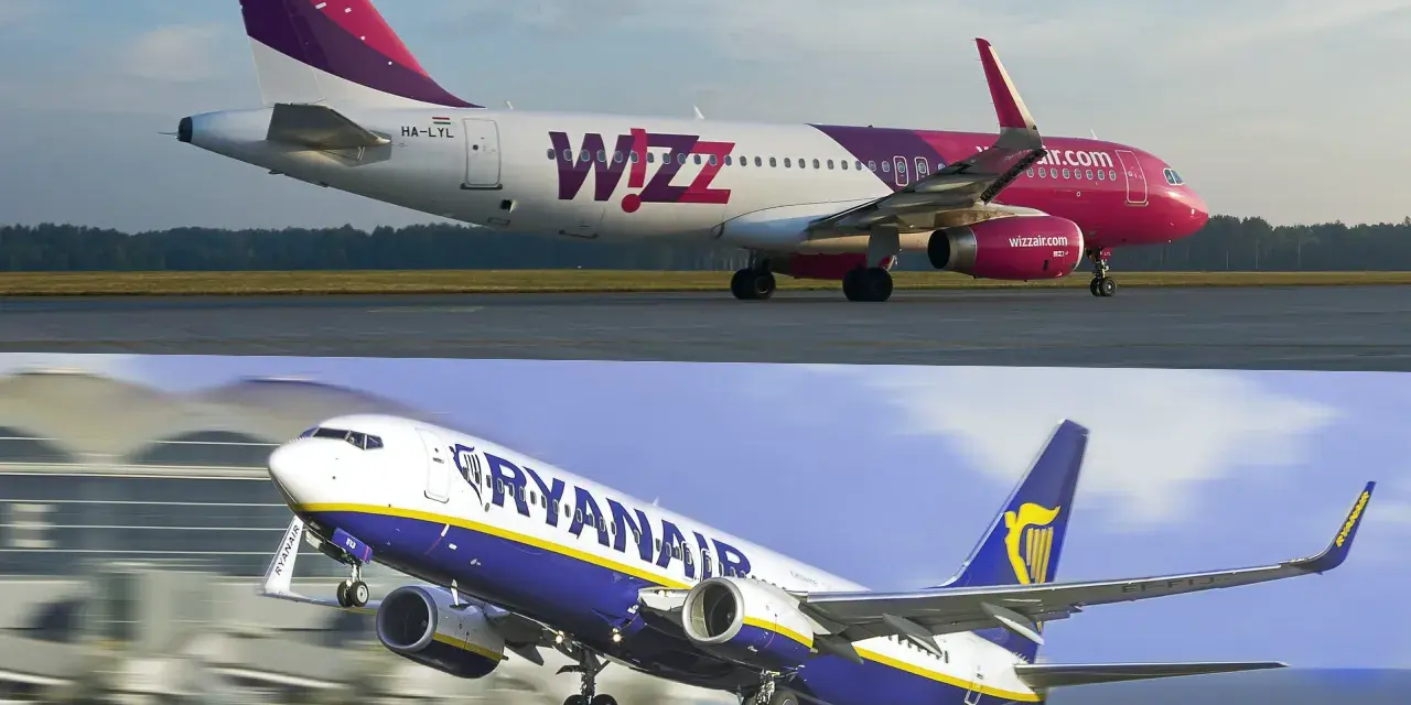 Dwa samoloty: Wizz Air na górze, Ryanair na dole, na tle lotniska.