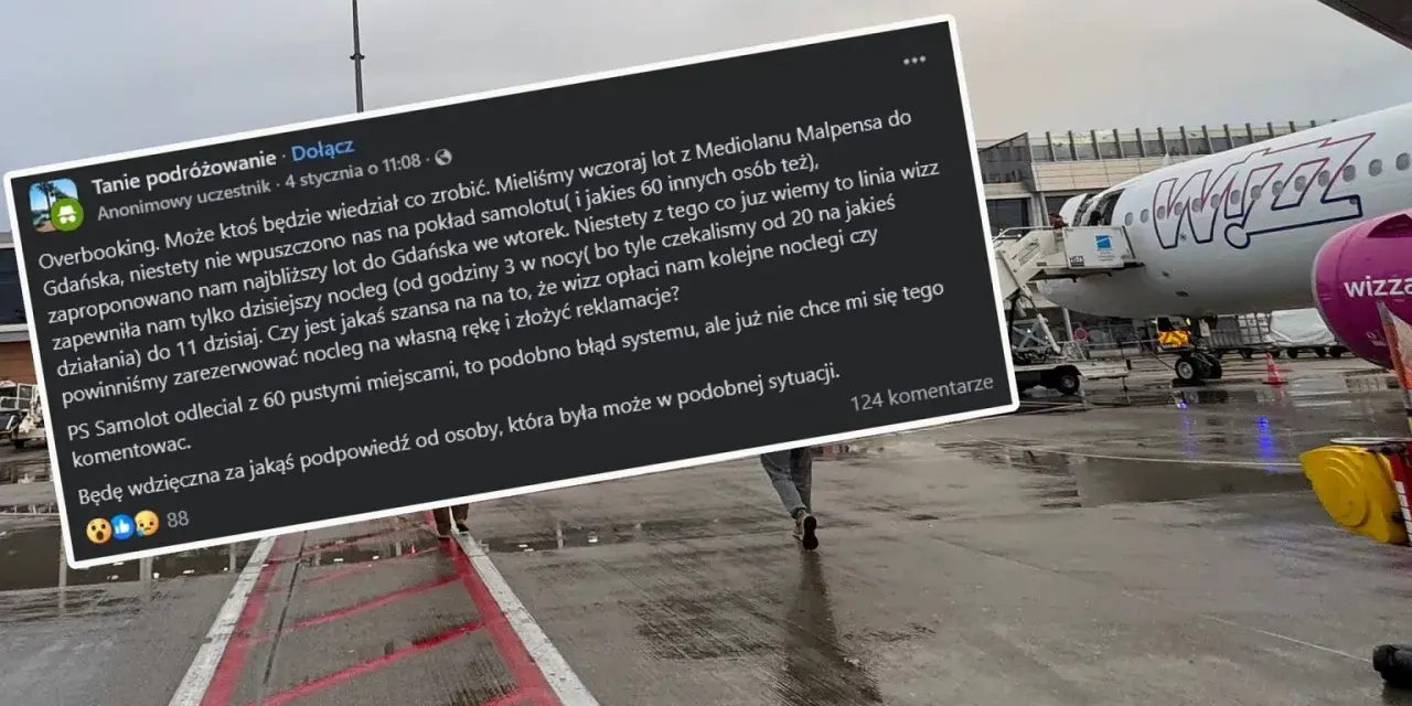 Samolot Wizz Air na płycie lotniska, schody ewakuacyjne i fragment wpisu o overbookingu.