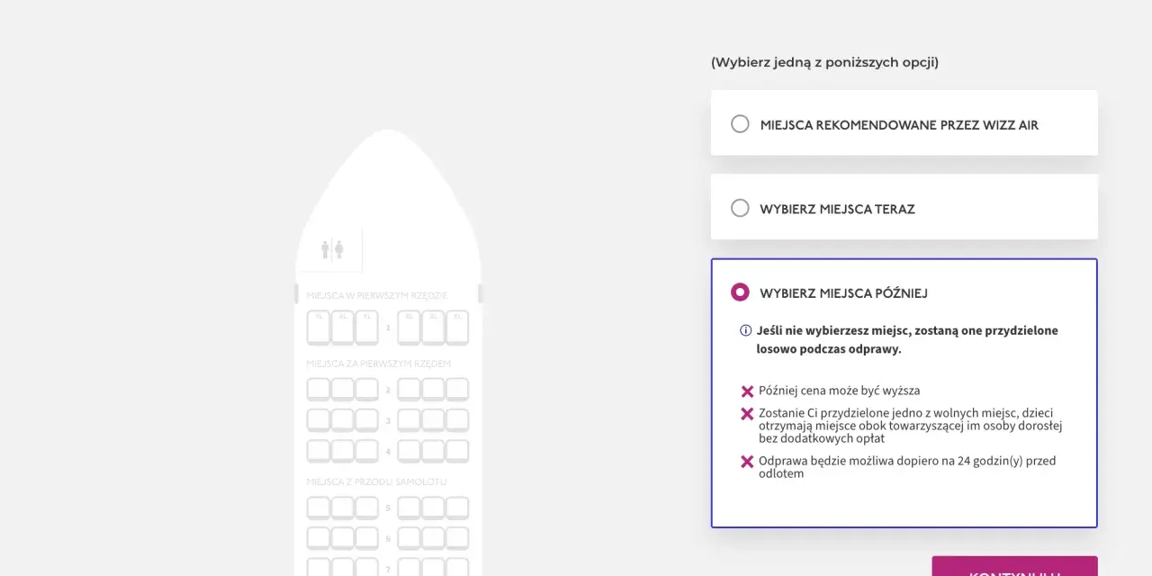 Schemat miejsc w samolocie Wizz Air z opcjami wyboru.