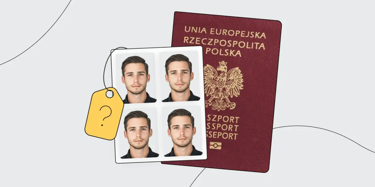 Polski paszport i cztery zdjęcia paszportowe mężczyzny obok żółtej metki z pytajnikiem.