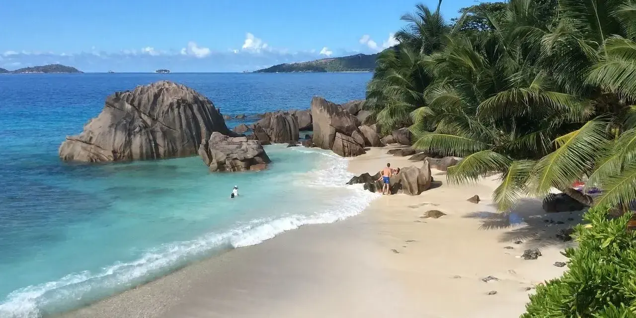 Plaża na Seszelach z turkusową wodą, palmami i formacjami skalnymi.