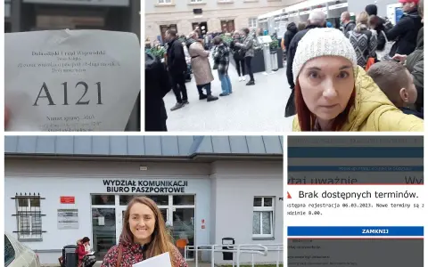 Kolejka do biura paszportowego, numer biletu A121, kobieta przed budynkiem i komunikat o braku terminów.