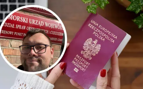 Mężczyzna w okularach obok polskiego paszportu i tablicy urzędu.