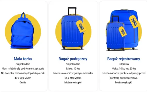 Trzy rodzaje bagażu: mała torba, bagaż podręczny i rejestrowany, w kolorze niebieskim.
