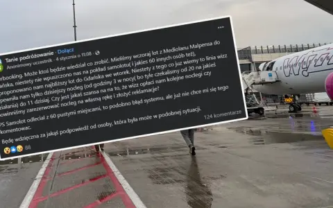 Samolot Wizz Air na płycie lotniska, schody ewakuacyjne i fragment wpisu o overbookingu.