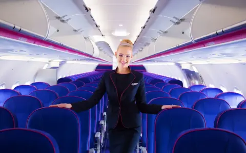 Uśmiechnięta stewardessa Wizz Air stoi w rzędach niebieskich foteli w samolocie.