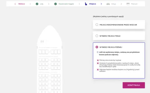 Schemat miejsc w samolocie Wizz Air z opcjami wyboru.