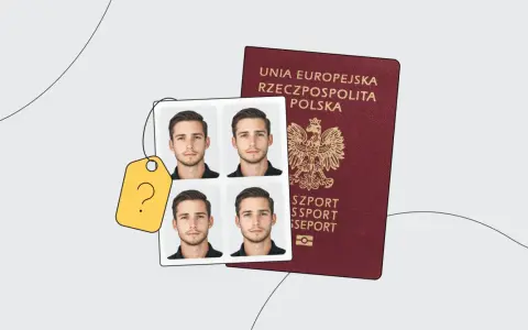 Polski paszport i cztery zdjęcia paszportowe mężczyzny obok żółtej metki z pytajnikiem.
