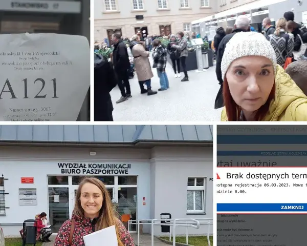 Kolejka do biura paszportowego, numer biletu A121, kobieta przed budynkiem i komunikat o braku terminów.