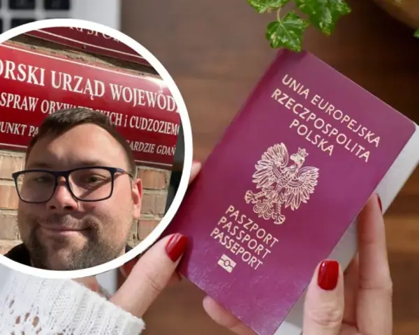 Mężczyzna w okularach obok polskiego paszportu i tablicy urzędu.