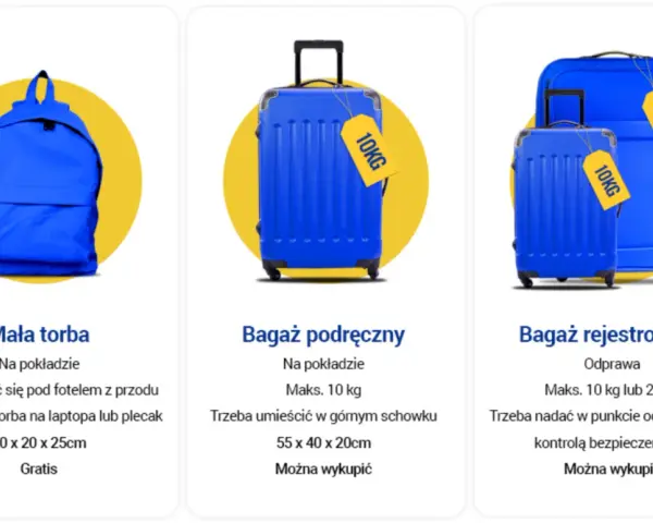 Trzy rodzaje bagażu: mała torba, bagaż podręczny i rejestrowany, w kolorze niebieskim.