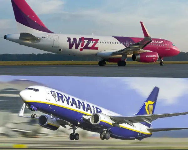 Dwa samoloty: Wizz Air na górze, Ryanair na dole, na tle lotniska.