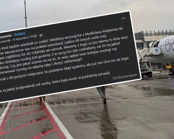 Samolot Wizz Air na płycie lotniska, schody ewakuacyjne i fragment wpisu o overbookingu.