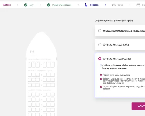 Schemat miejsc w samolocie Wizz Air z opcjami wyboru.