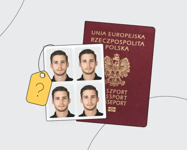 Polski paszport i cztery zdjęcia paszportowe mężczyzny obok żółtej metki z pytajnikiem.