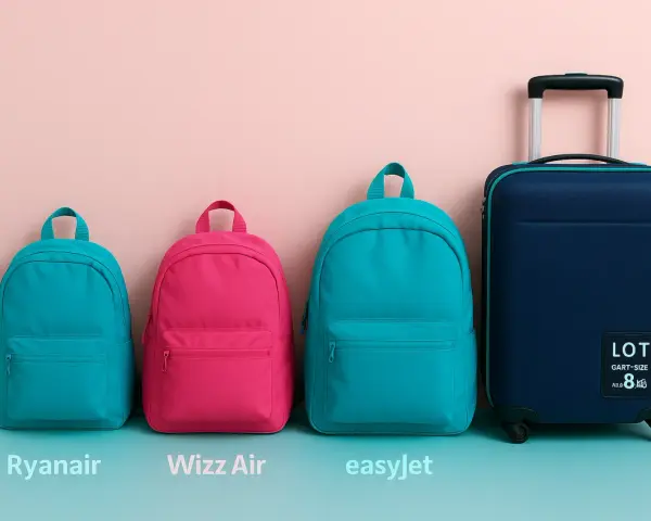 Cztery bagaże: dwa turkusowe plecaki, różowy plecak i granatowa walizka.