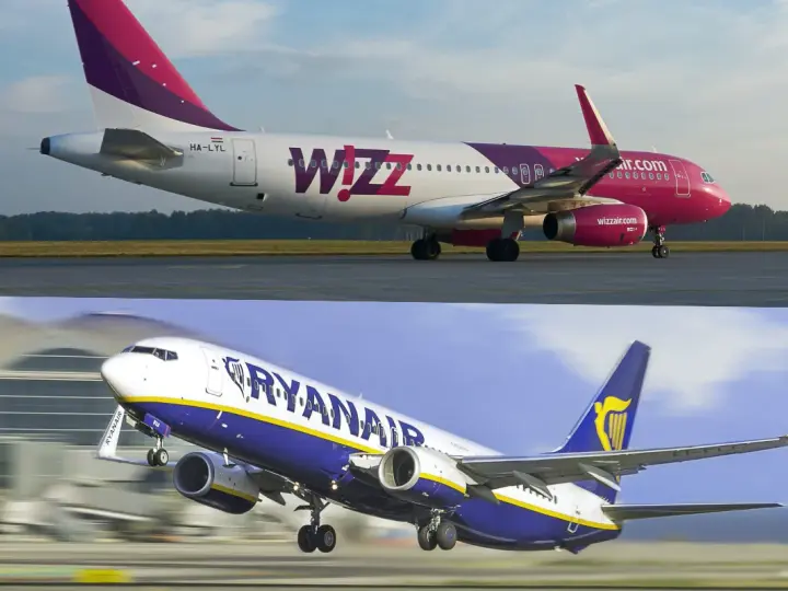 Dwa samoloty: Wizz Air na górze, Ryanair na dole, na tle lotniska.