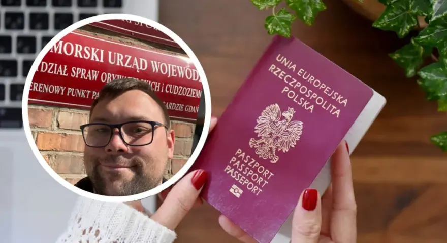 Mężczyzna w okularach obok polskiego paszportu i tablicy urzędu.