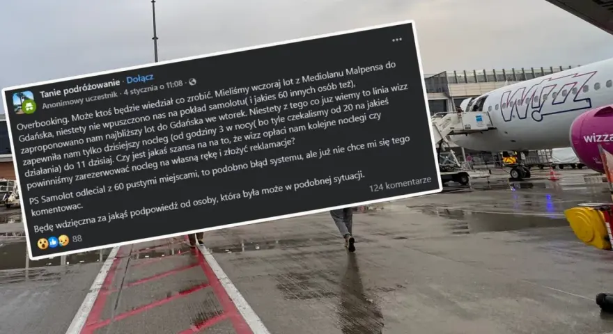 Samolot Wizz Air na płycie lotniska, schody ewakuacyjne i fragment wpisu o overbookingu.