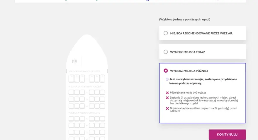 Schemat miejsc w samolocie Wizz Air z opcjami wyboru.
