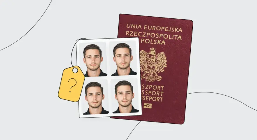 Polski paszport i cztery zdjęcia paszportowe mężczyzny obok żółtej metki z pytajnikiem.