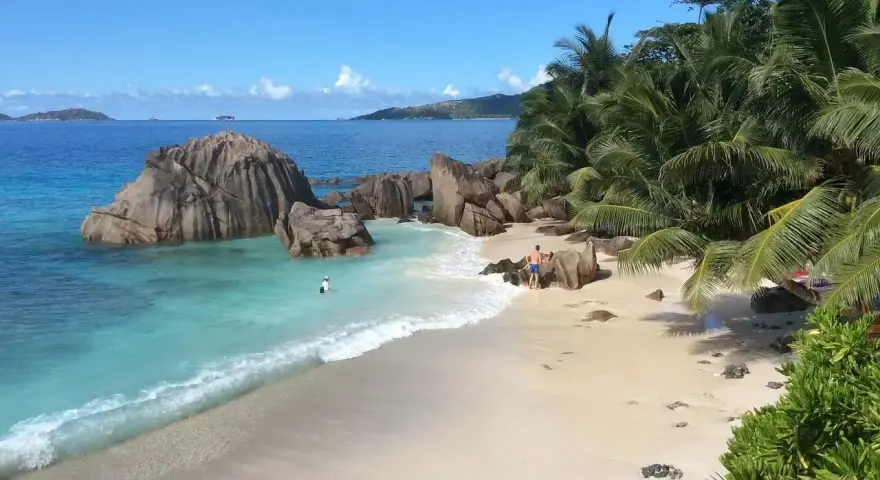 Plaża na Seszelach z turkusową wodą, palmami i formacjami skalnymi.