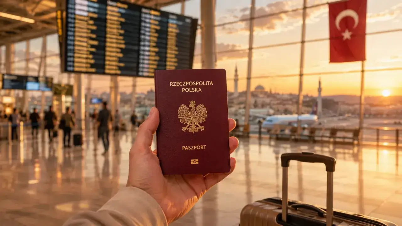 Paszport w dłoni, lotnisko, zachód słońca nad Stambułem. Czy do Turcji potrzebny jest paszport? Tak, polski paszport jest niezbędny.