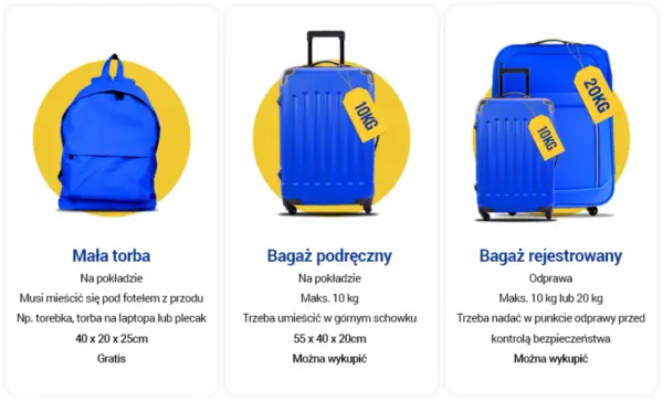 Trzy rodzaje bagażu: mała torba, bagaż podręczny i rejestrowany, w kolorze niebieskim.